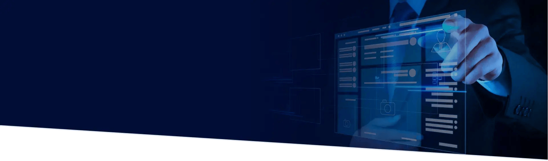 Businessman interacting with an online portal, selecting options from a holographic menu