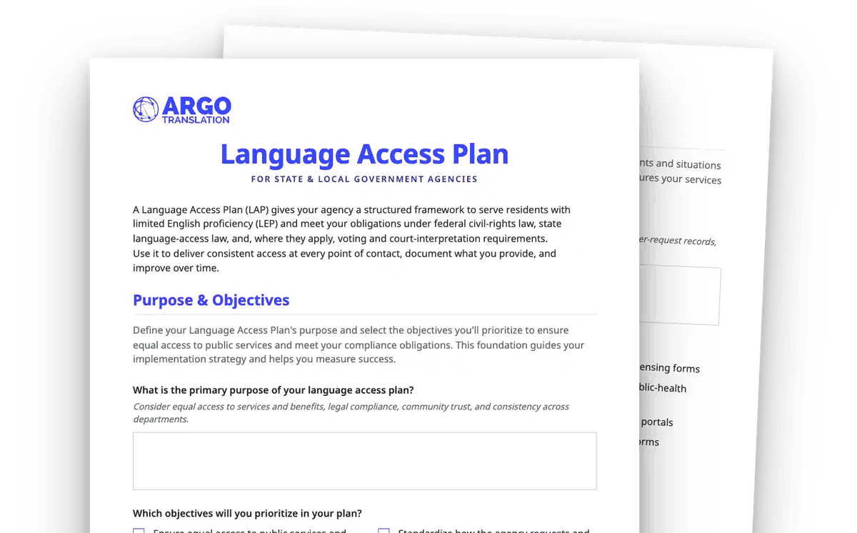 Pages of Argo Translation's fillable Language Access Plan template for state and local government agencies