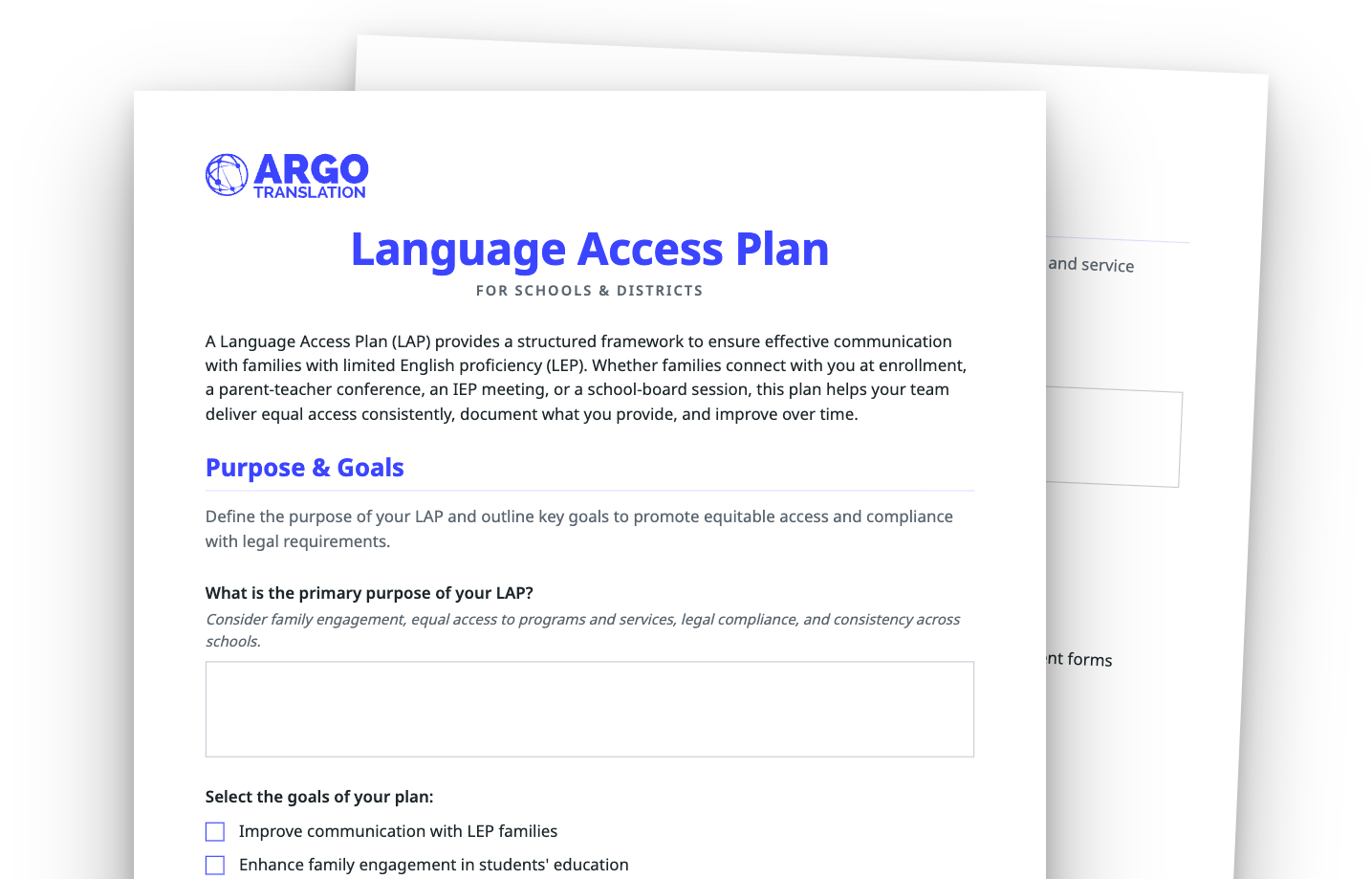 Pages of Argo Translation's fillable Language Access Plan template for schools and districts