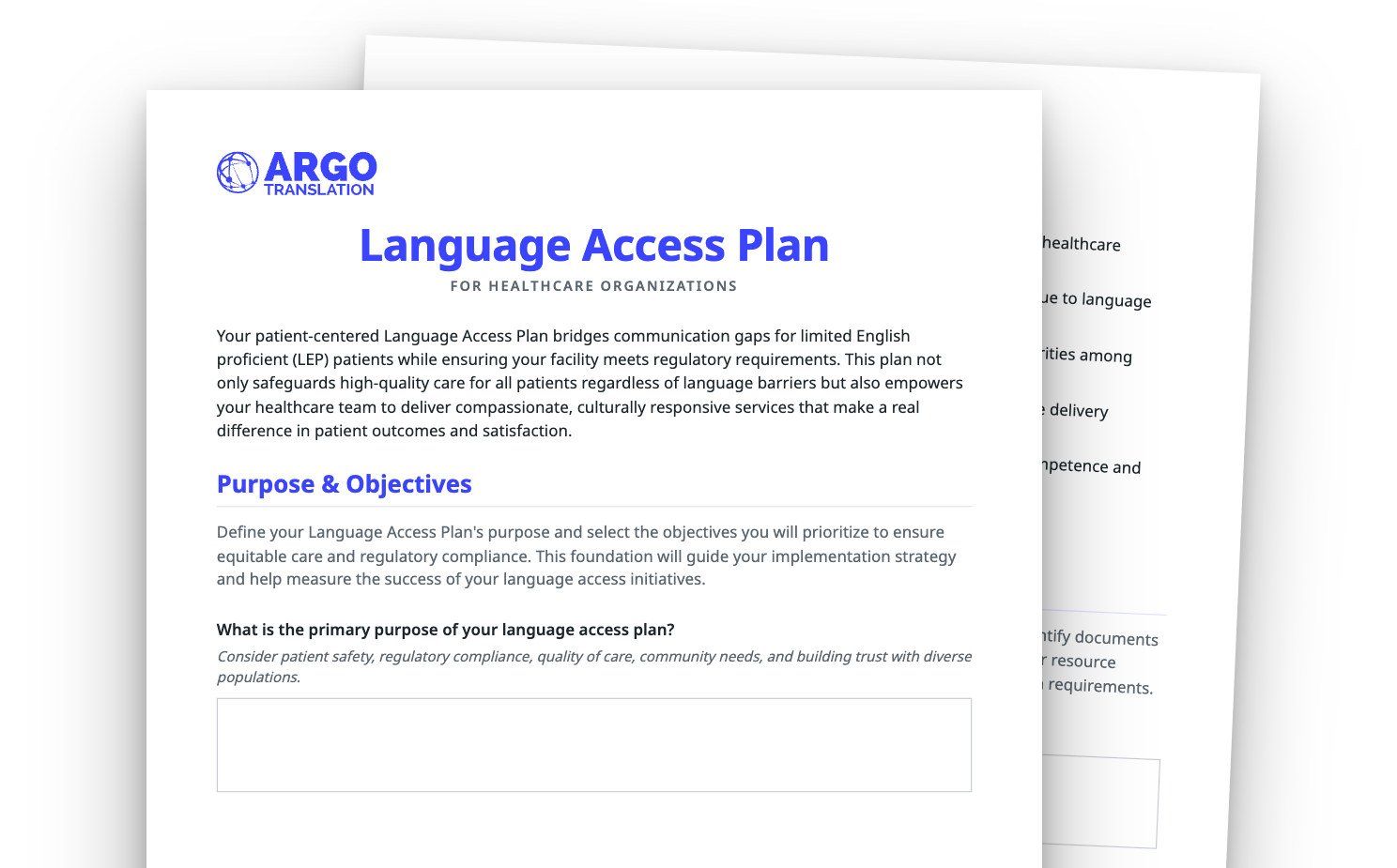 Pages of Argo Translation's fillable Language Access Plan template for healthcare organizations