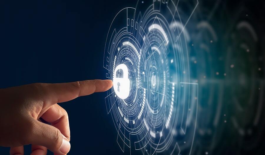 Fingertip touching a glowing padlock icon inside a circular digital interface