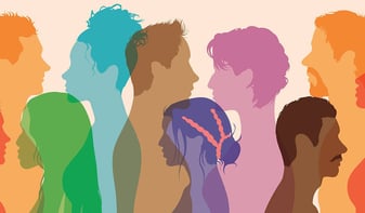 Colorful illustration of overlapping silhouettes of diverse people facing different directions, representing a multicultural team connected through language.