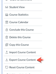 Canvas course settings menu highlighting 'Export Course Content' option.