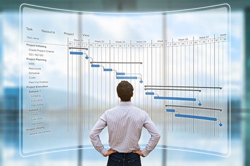 A man standing in front of a large translucent Gantt chart of project tasks and timelines.