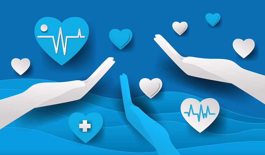 Blue healthcare illustration with hands, hearts, and medical icons