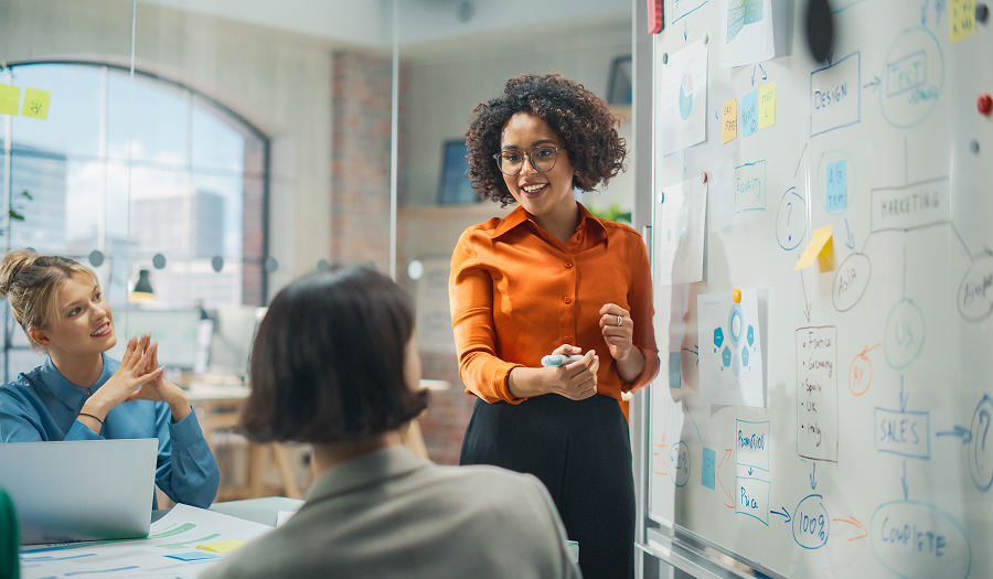 Woman presenting workflow on whiteboard