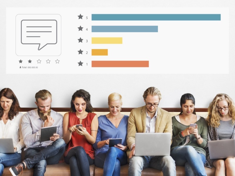 Survey star-rating chart above a row of people using phones, tablets, and laptops