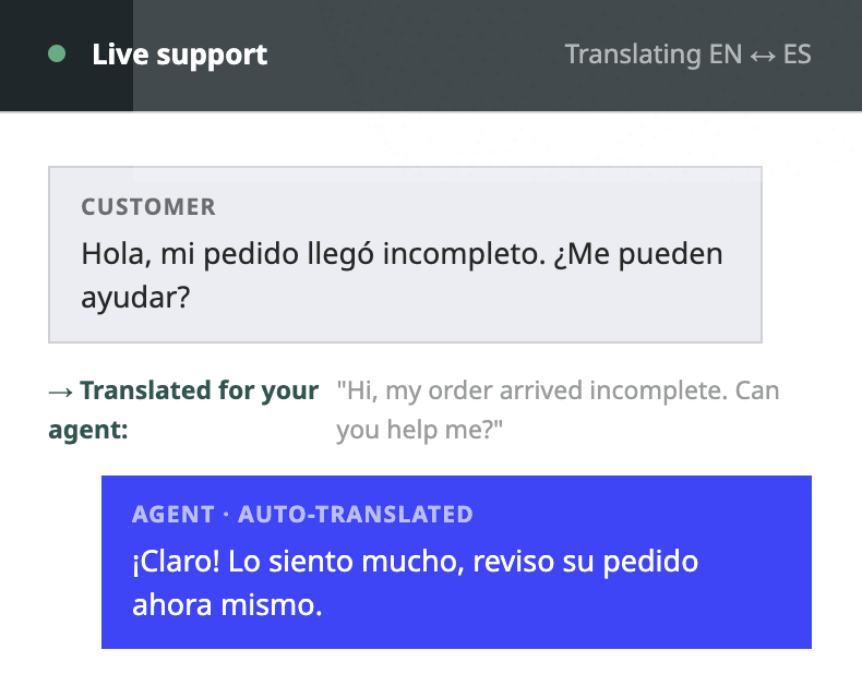 Live support chat translating a customer's Spanish message into English for the agent