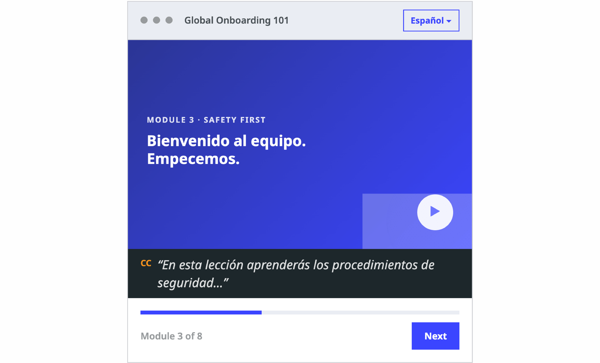 eLearning course player showing a module translated into Spanish, with captions and a language switcher