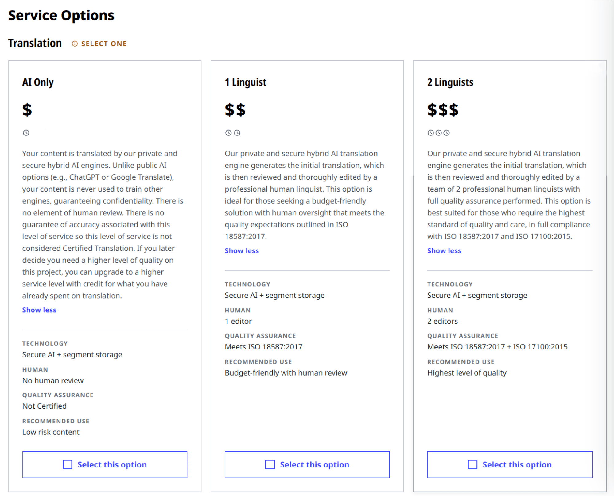 Service options selector comparing AI Only, 1 Linguist, and 2 Linguists