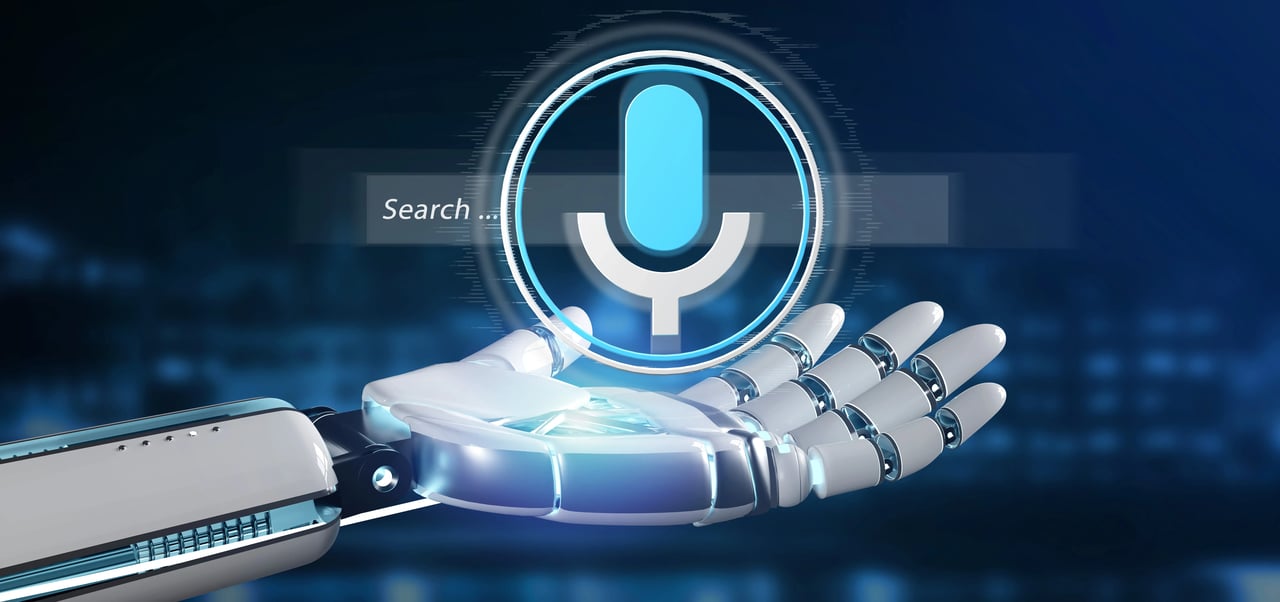 robot hand holding holographic microphone