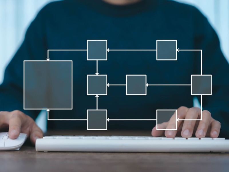 Person typing at a keyboard behind a glowing workflow diagram of connected boxes