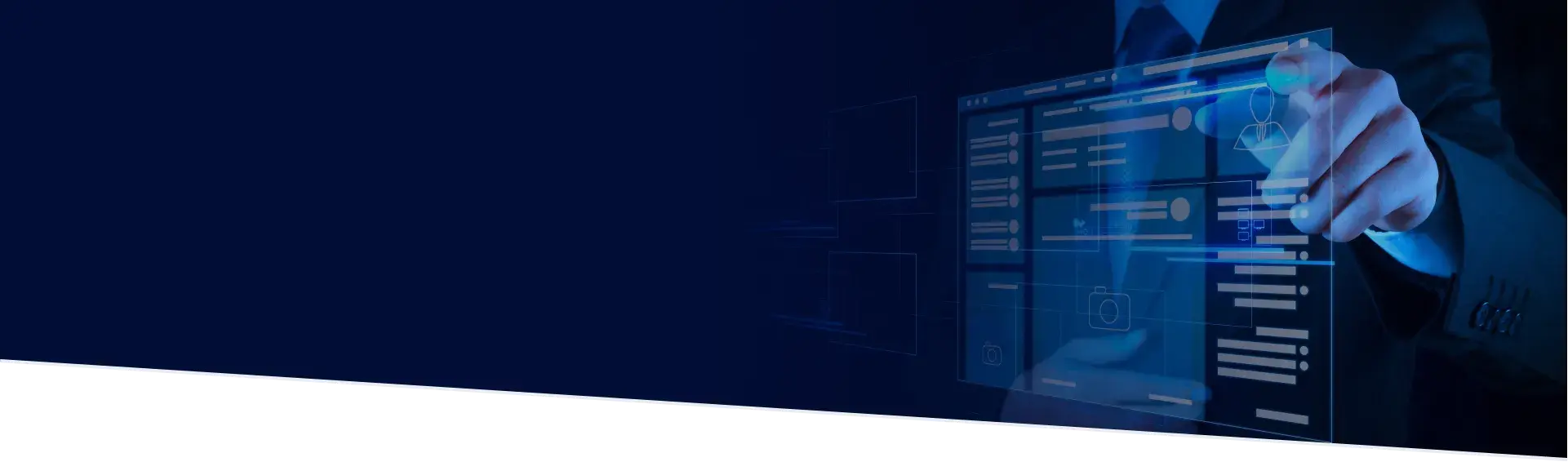 Businessman interacting with an online portal, selecting options from a holographic menu