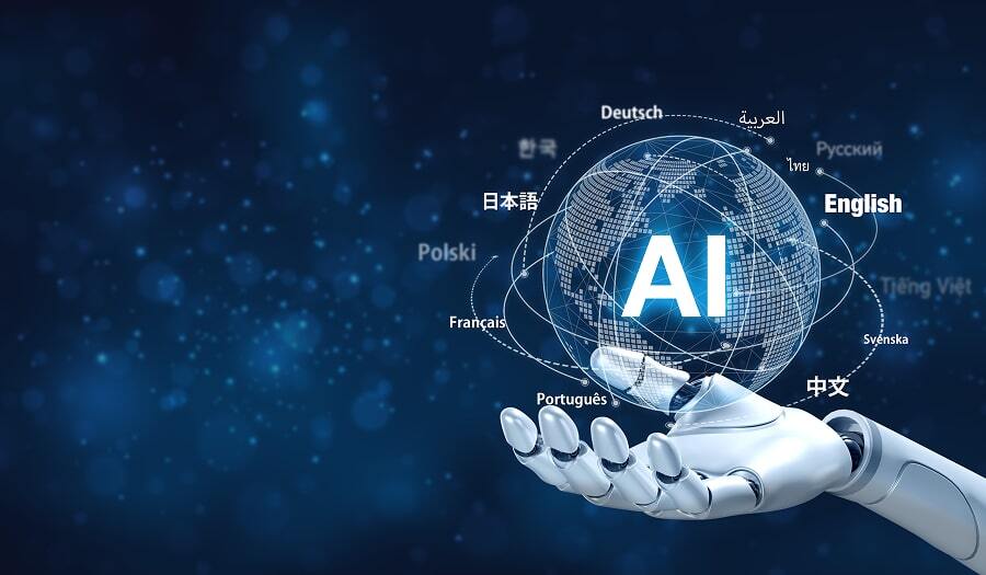 Robotic hand holding an AI globe with languages