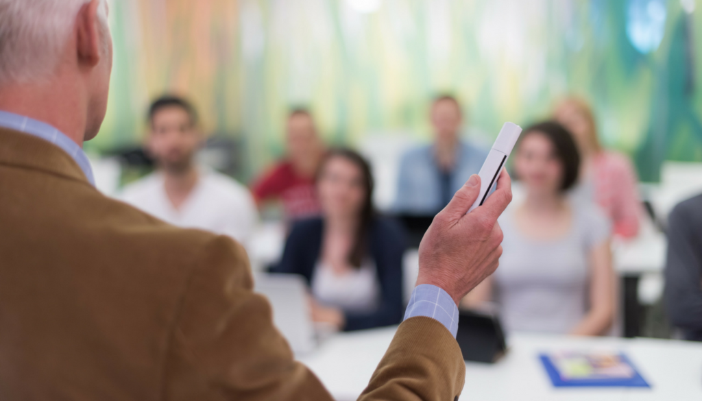Presenter holding a phone in front of an audience seated at tables