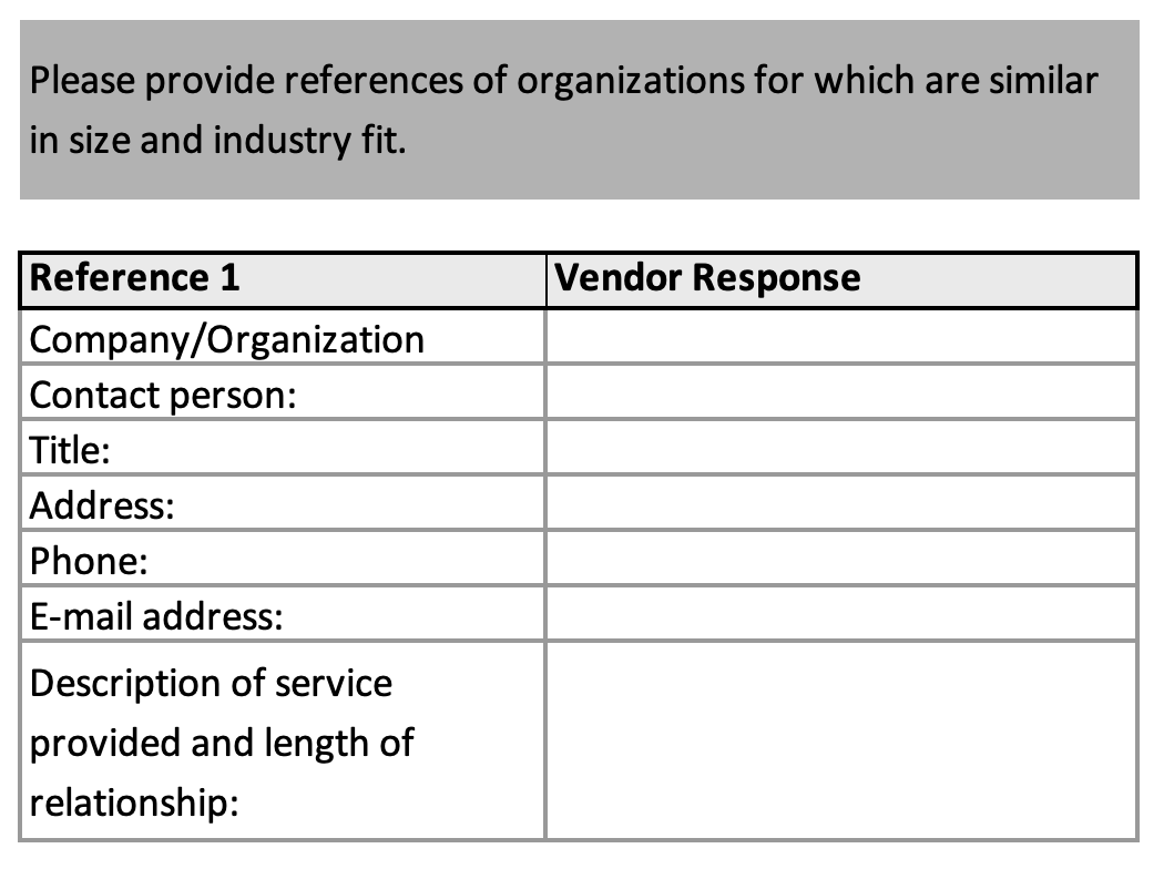 References section from the RFP template, with fields for the reference company, contact person, title, address, phone, email, and length of the relationship