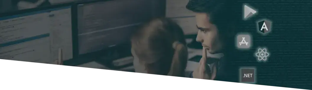 Developer working at a laptop surrounded by floating software framework icons including React, .NET, and Apple App Store