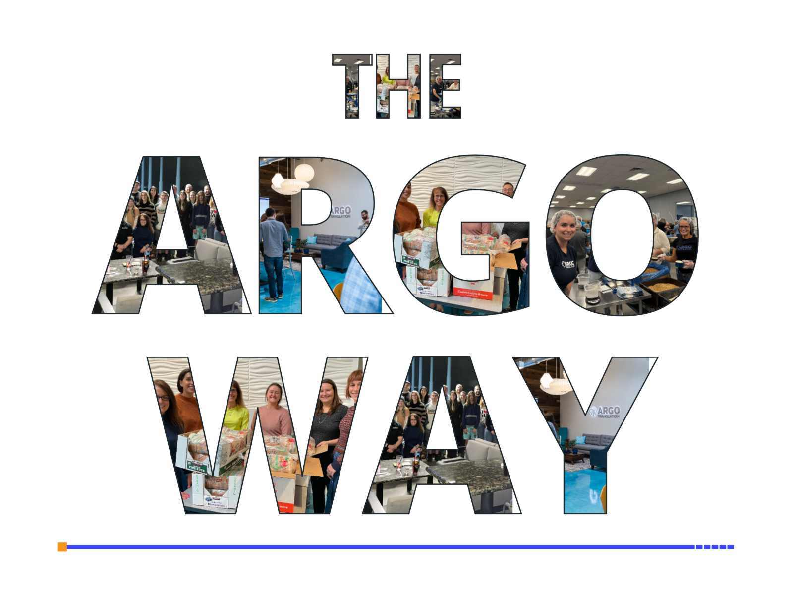 The words The Argo Way spelled in letters filled with photos of Argo Translation staff at office and volunteer events
