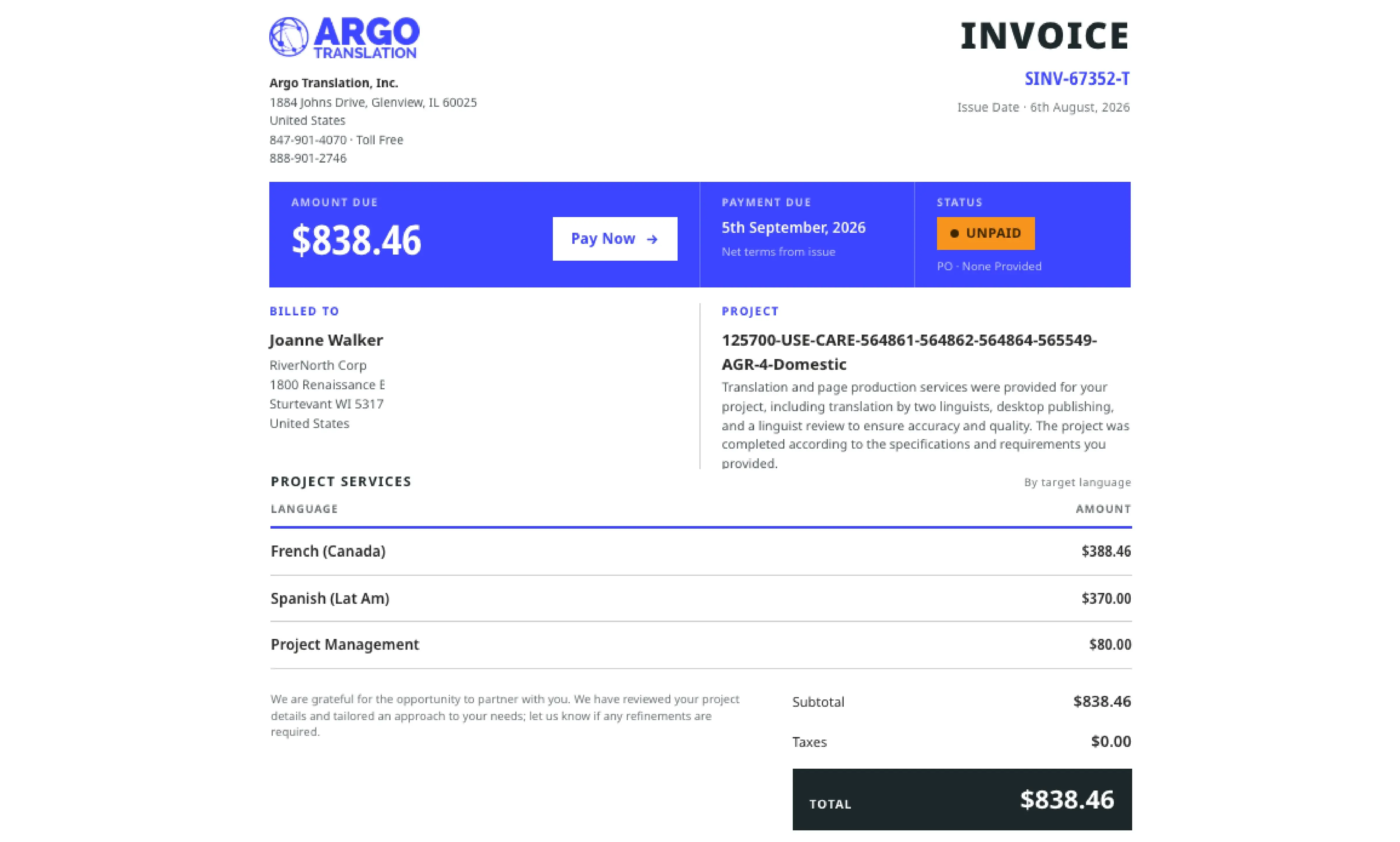 Example invoice inside the customer portal