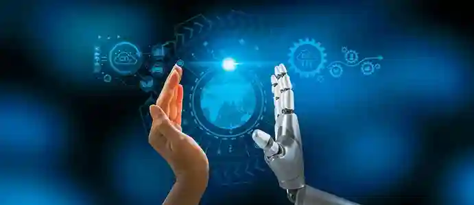 Human hand reaching toward a robotic hand with digital technology icons in the background